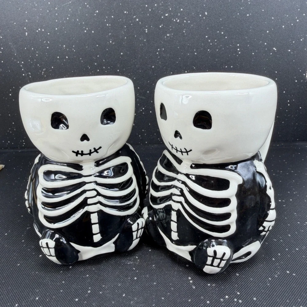 Pottery Barn Skeleton Mugs Set of 2 Black White Ceramic Halloween Coffee Cups